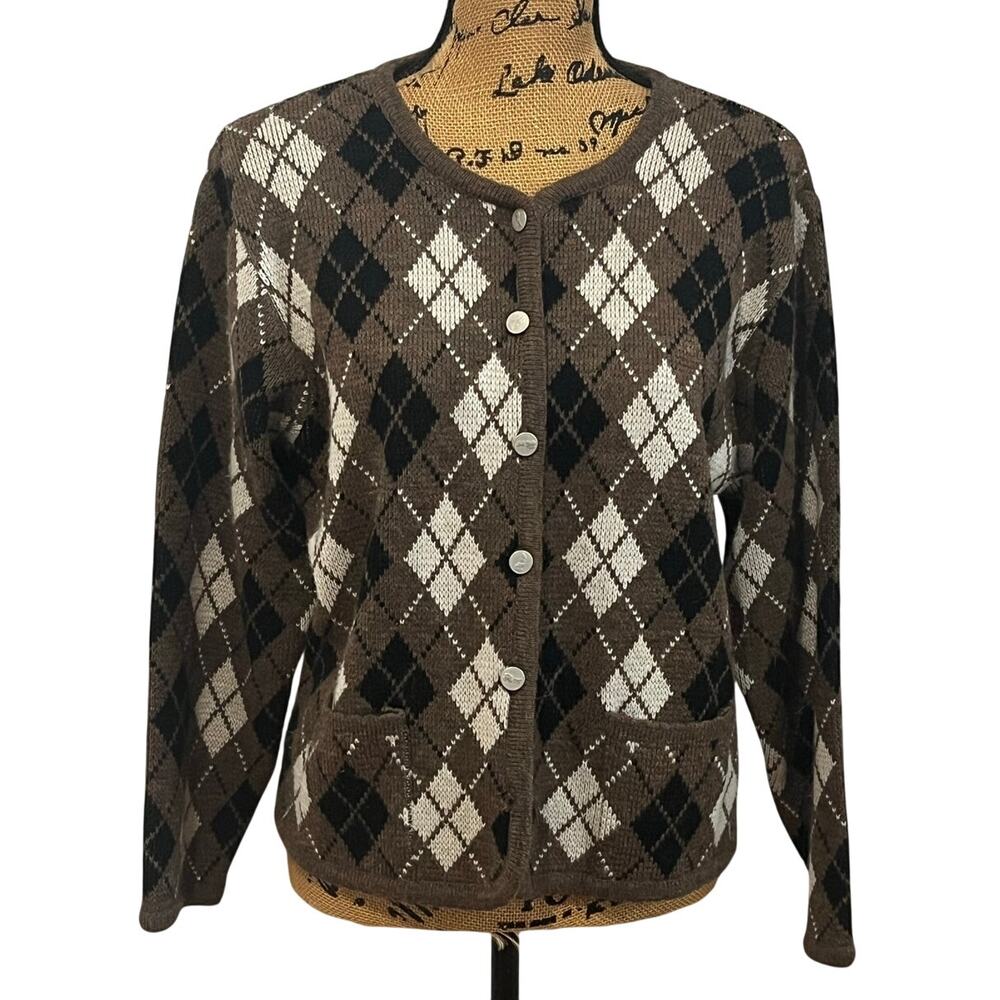 VTG 90s Tally-Ho Black Brown Acrylic Argyle Button Cardigan Sweater Women’s M